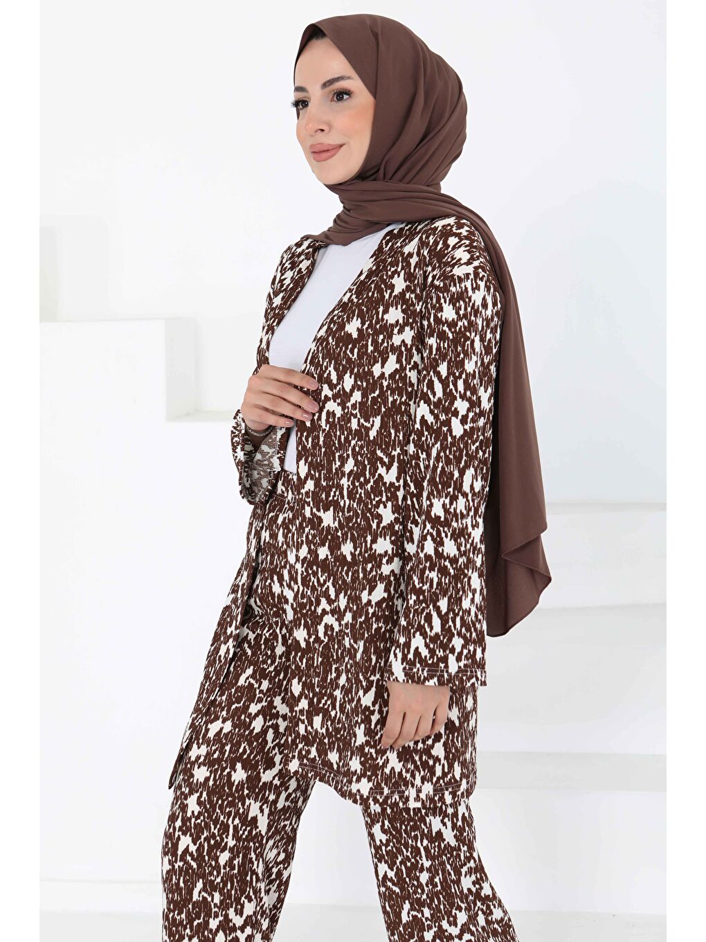 Kahverengi Desenli Kimono Takım Kahve - 27132-1