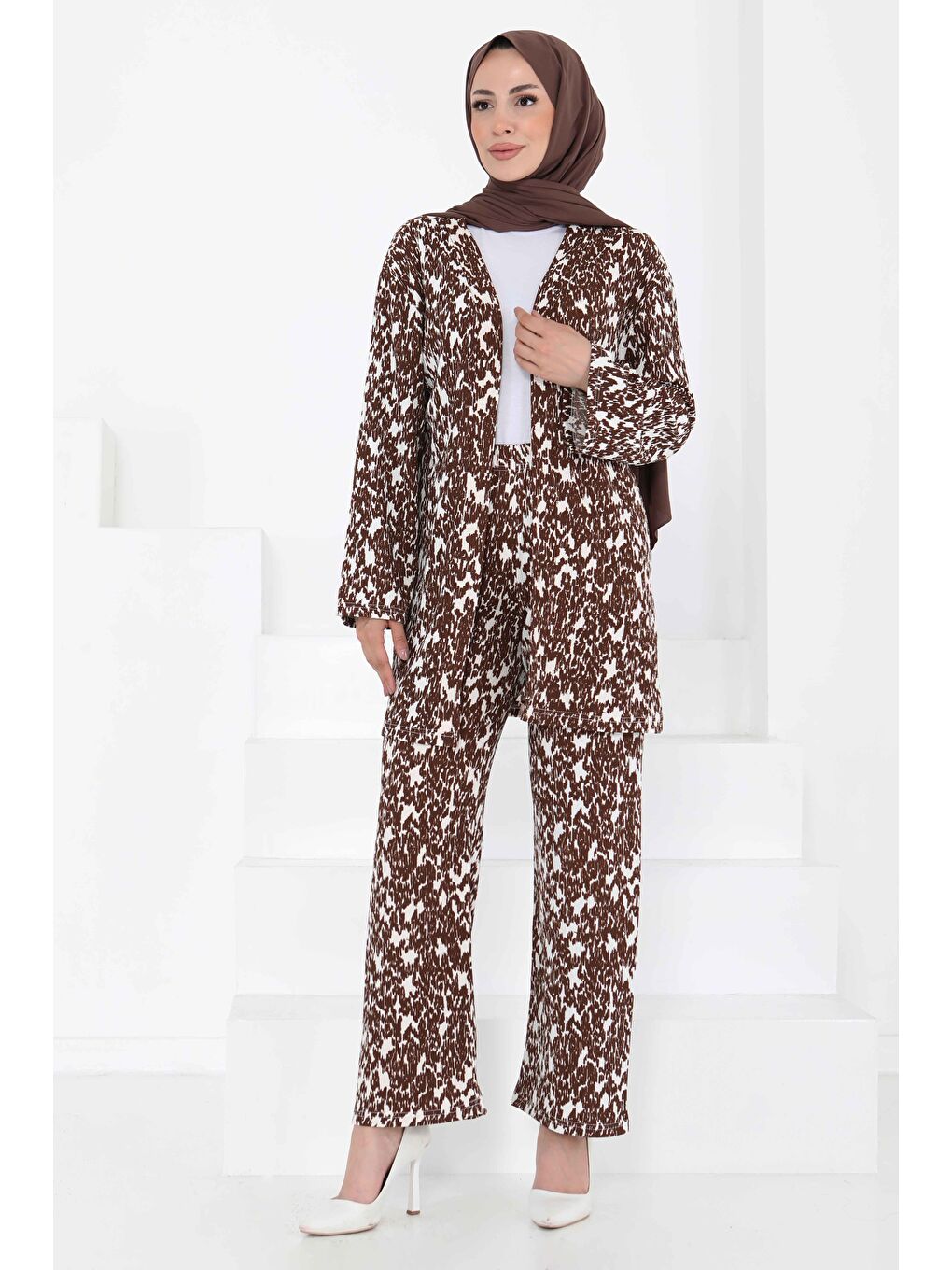 Kahverengi Desenli Kimono Takım Kahve - 27132-2