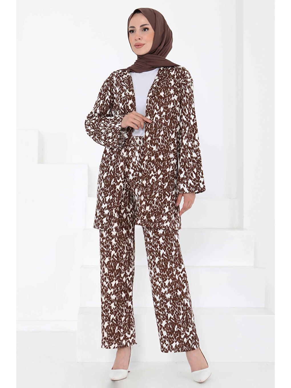 Kahverengi Desenli Kimono Takım Kahve - 27132-4