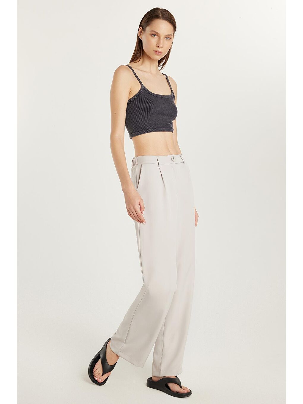 Kadın Relax Fit Rahat Kesim Cepli Palazzo Geniş Paça Gri Pantolon-2