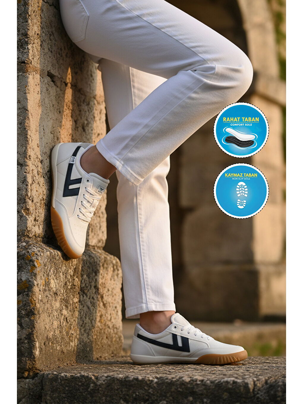 Beyaz Lacivert Bağcıklı Hafif Esnek Erkek Spor Ayakkabı Antares M-2