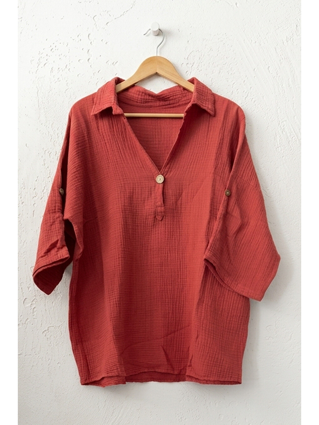 Kahverengi Kiremit Rengi Gömlek Yaka Düğmeli 3/4 Kol Casual Müslin Oversize Dokuma 67 55-1