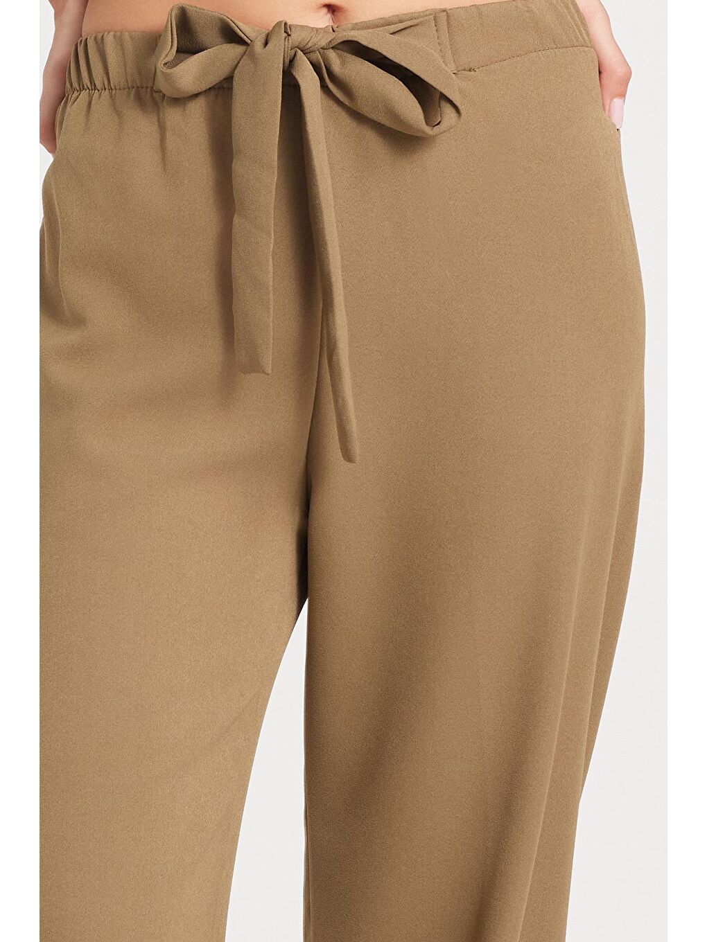 Kadın Relax Fit Rahat Kesim Lastikli Kuşak Bağlamalı Geniş Paça Haki Pantolon-2