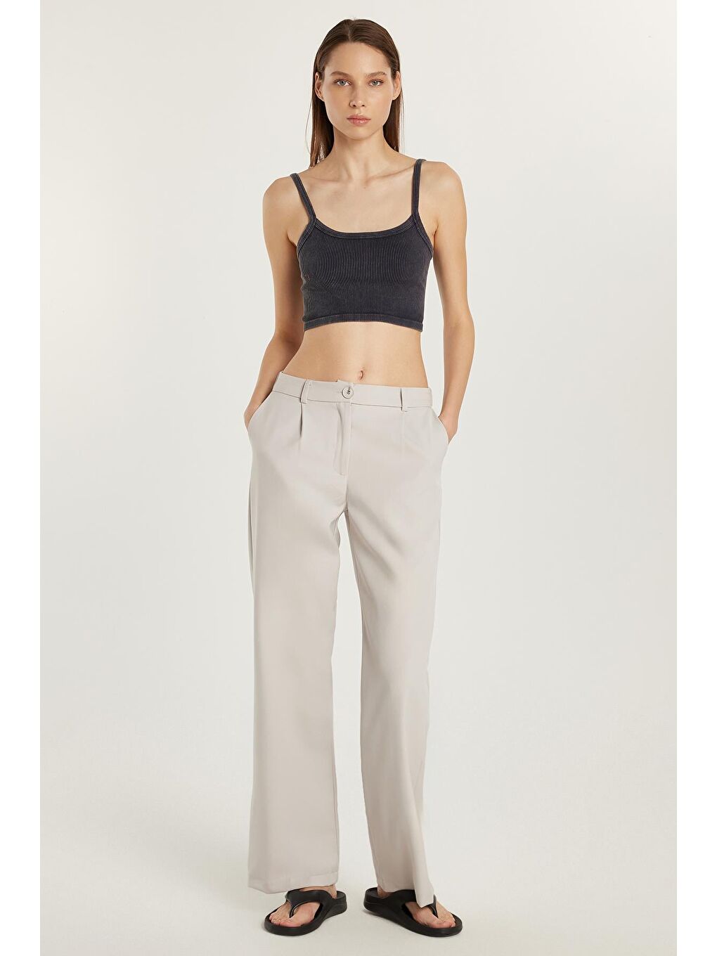 Kadın Relax Fit Rahat Kesim Cepli Palazzo Geniş Paça Gri Pantolon-3