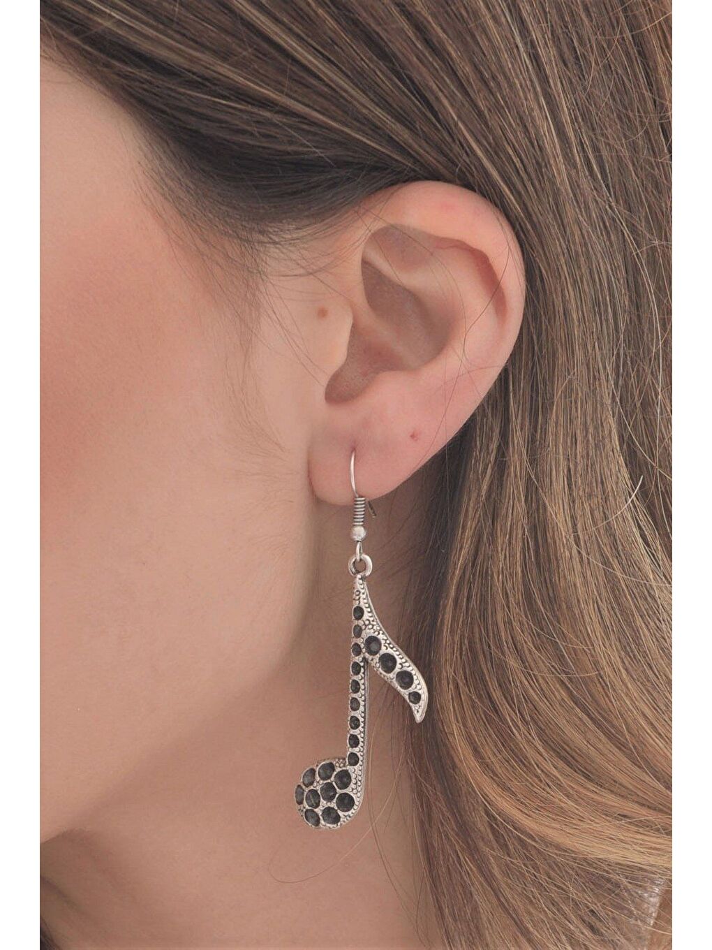 Gri Kadın Antik Gümüş Kaplama Sallantılı Nota Formlu Küpe-2