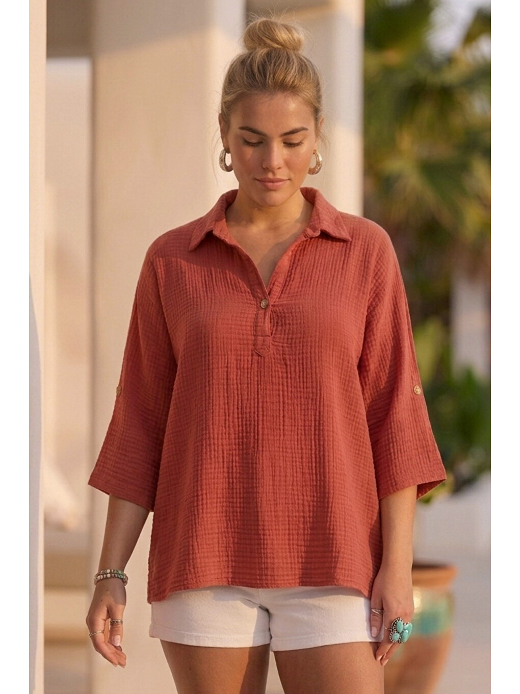 Kahverengi Kiremit Rengi Gömlek Yaka Düğmeli 3/4 Kol Casual Müslin Oversize Dokuma 67 55-2