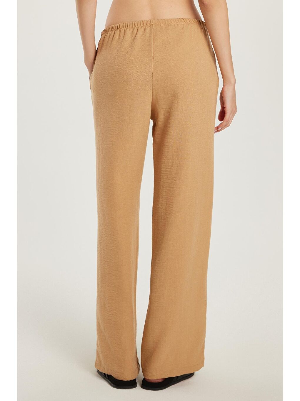 Kadın Regular Fit Beli Bağlamalı Keten Geniş Paça Bej Pantolon-3