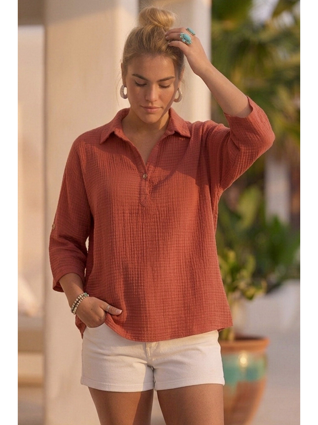 Kahverengi Kiremit Rengi Gömlek Yaka Düğmeli 3/4 Kol Casual Müslin Oversize Dokuma 67 55-3
