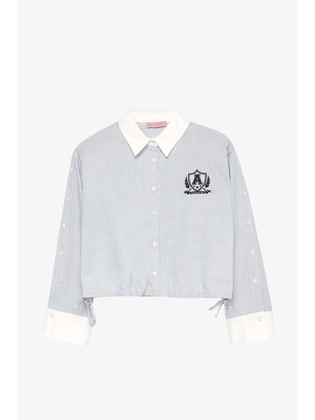 Çizgili Manşet Kol Arma Nakışlı Gömlek Mavi-1