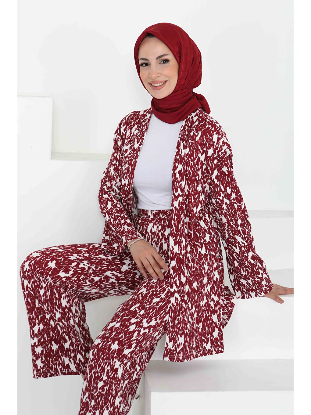 Desenli Kimono Takım Bordo - 27132