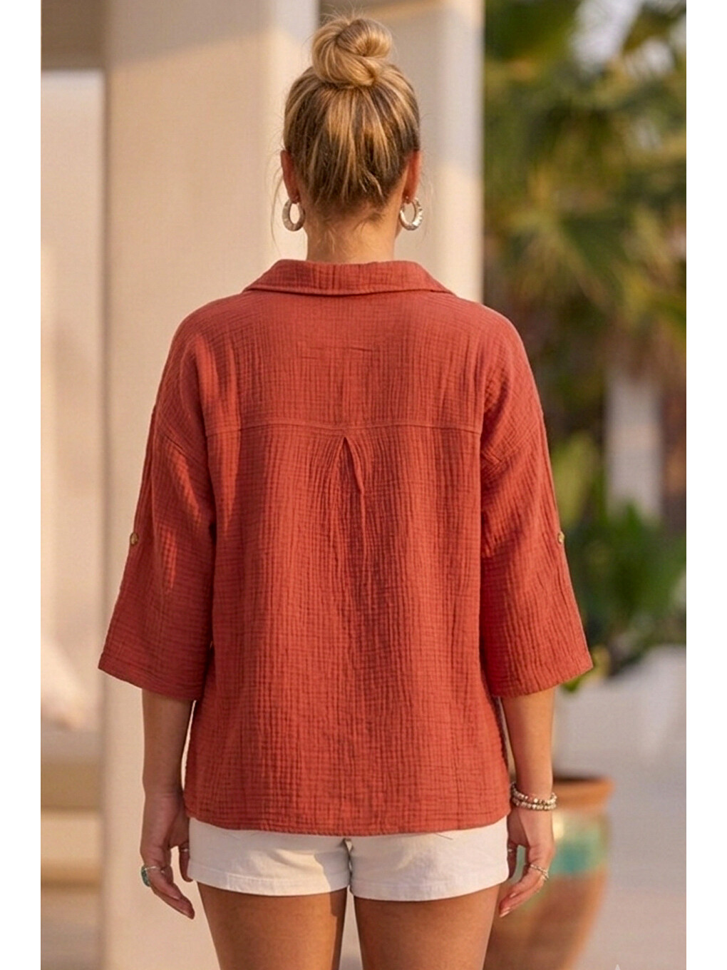 Kahverengi Kiremit Rengi Gömlek Yaka Düğmeli 3/4 Kol Casual Müslin Oversize Dokuma 67 55-6