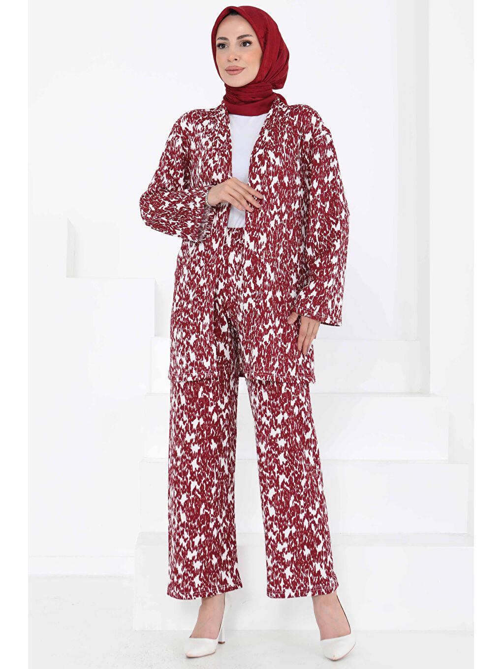 Desenli Kimono Takım Bordo - 27132-1