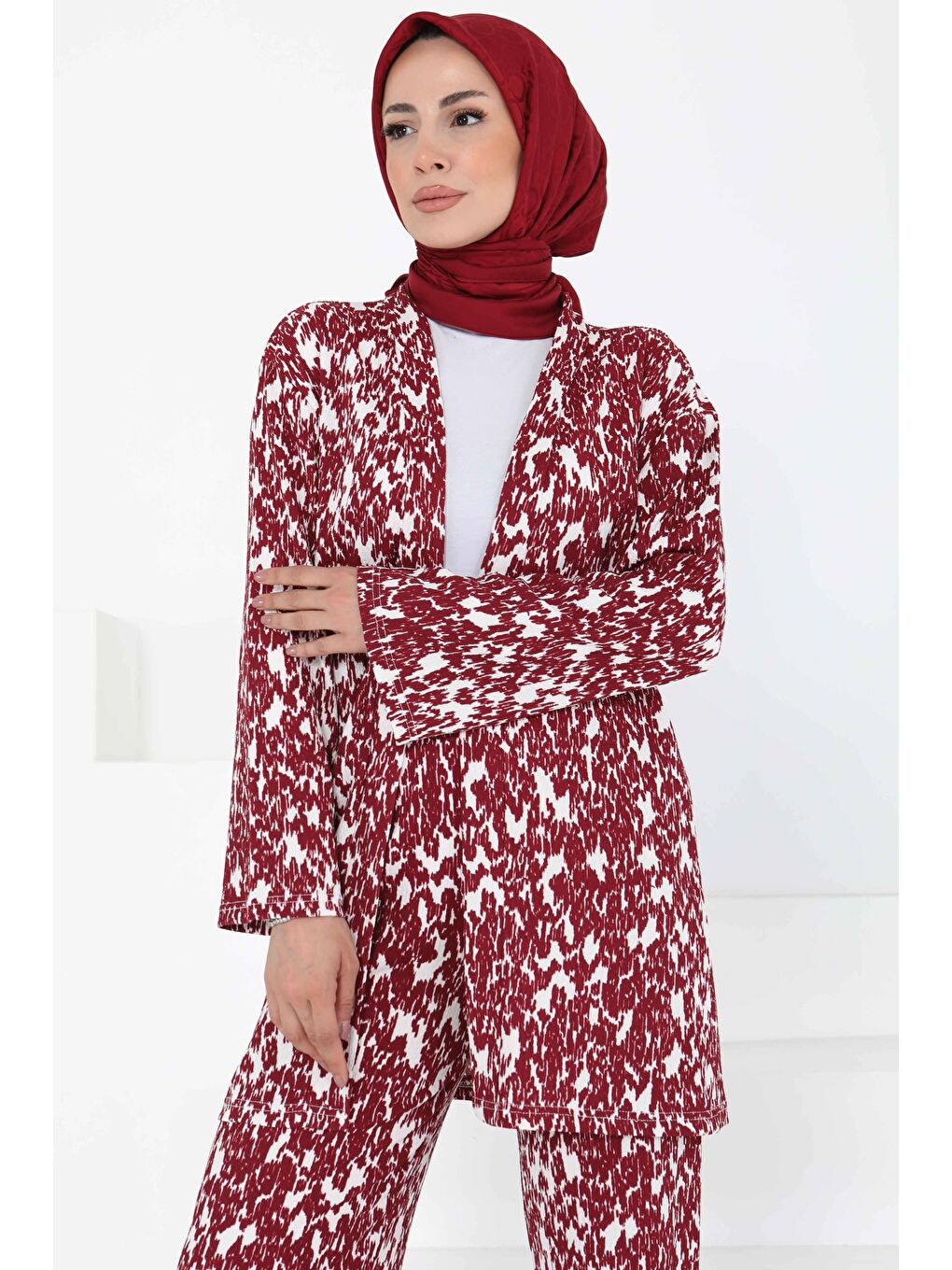 Desenli Kimono Takım Bordo - 27132-2
