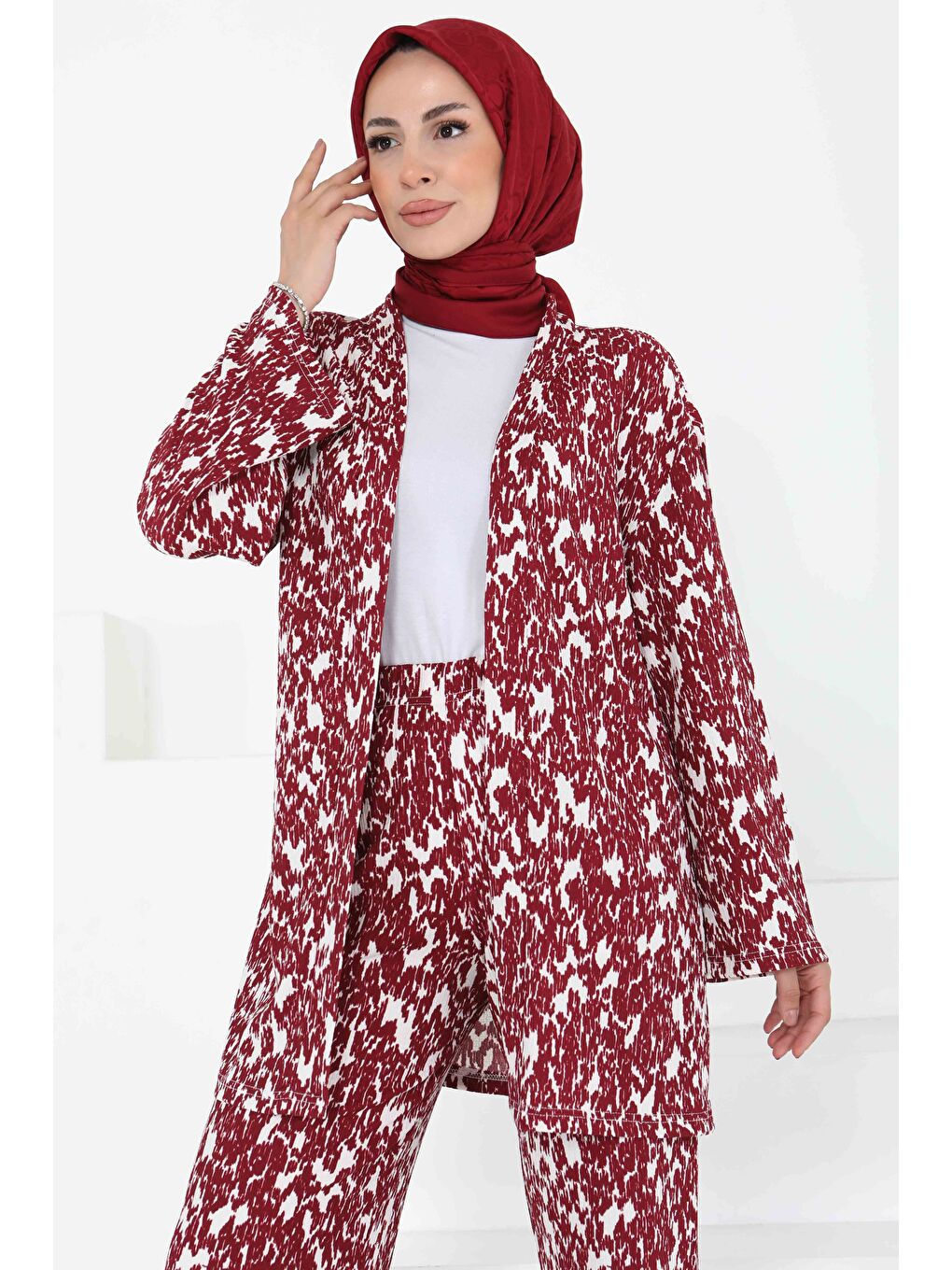 Desenli Kimono Takım Bordo - 27132-4