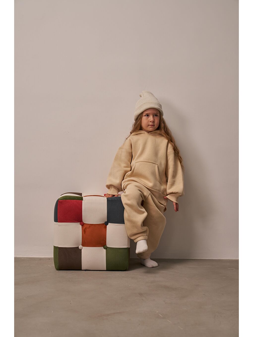 Bej Çocuk Kanguru Cepli Oversize Eşofman Takımı-1