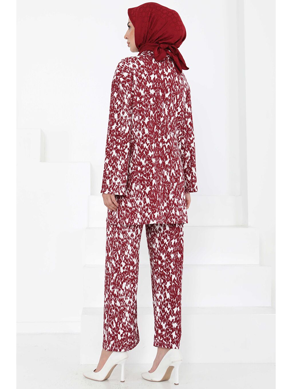 Desenli Kimono Takım Bordo - 27132-5