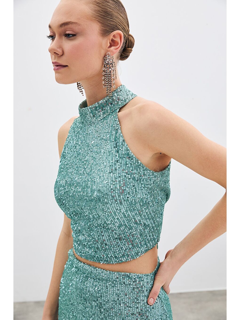 SATEEN Yeşil Kolsuz Payetli Bluz - Mint - 1