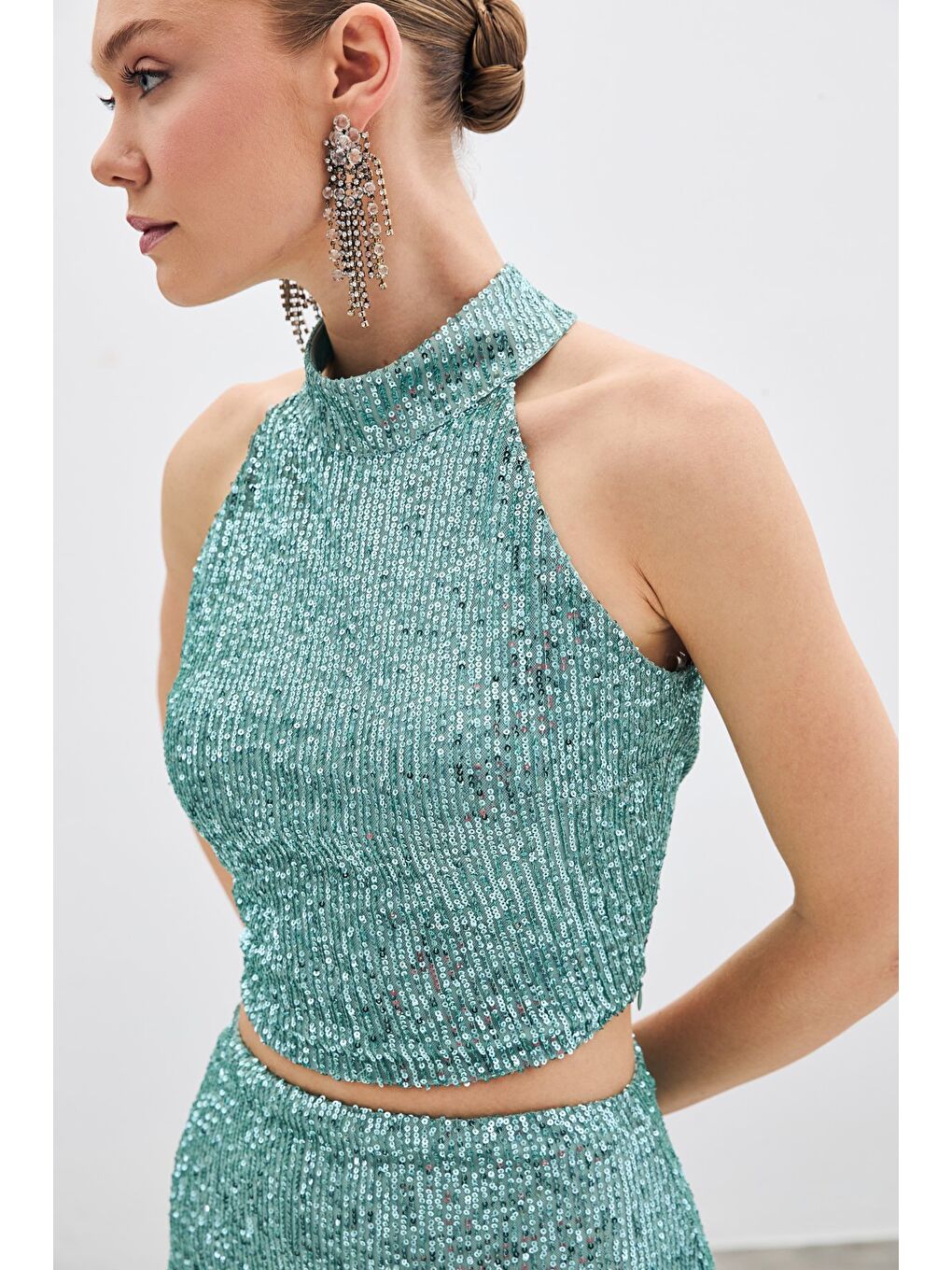 SATEEN Yeşil Kolsuz Payetli Bluz - Mint - 3