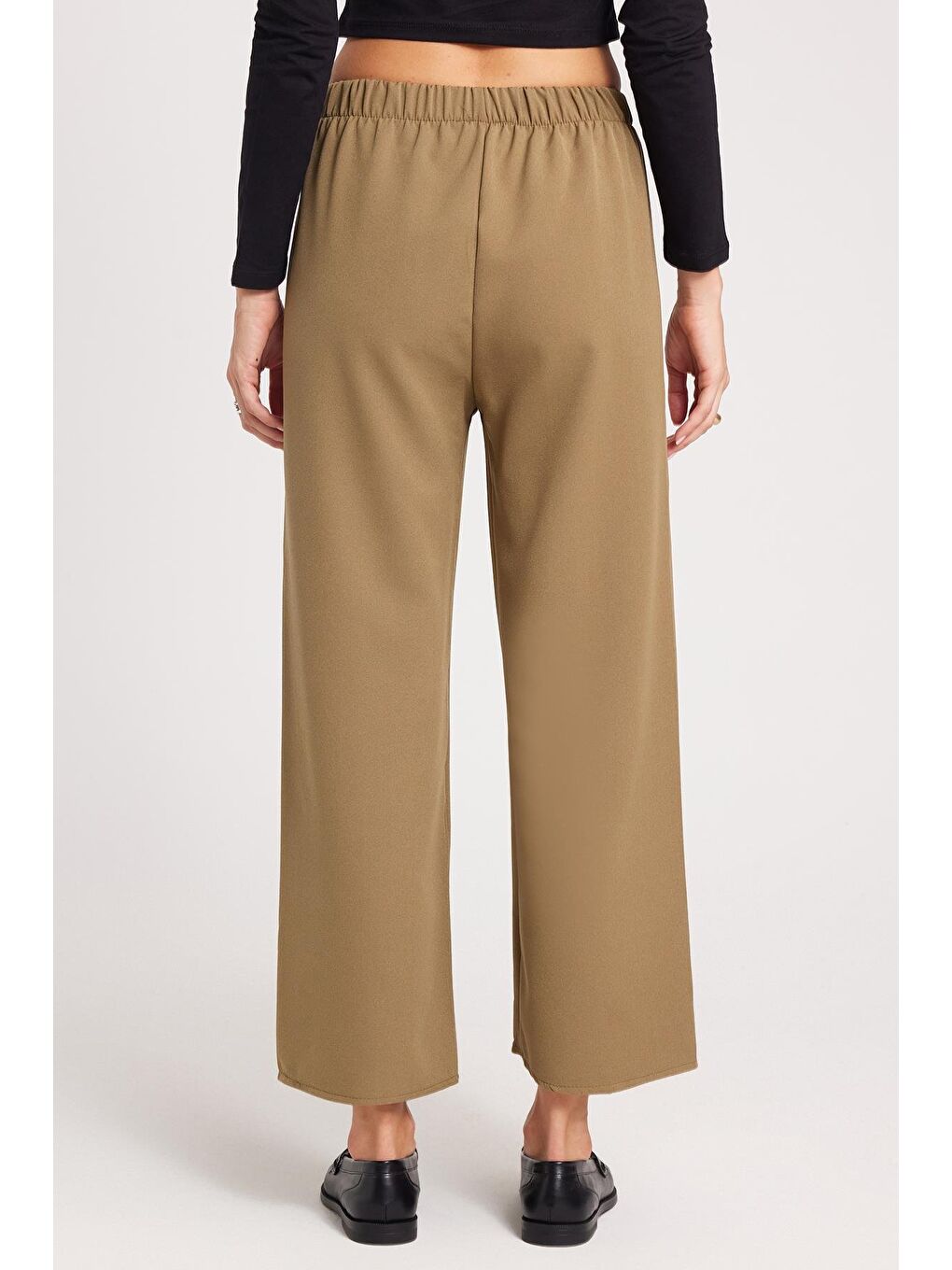 Kadın Relax Fit Rahat Kesim Lastikli Kuşak Bağlamalı Geniş Paça Haki Pantolon-6