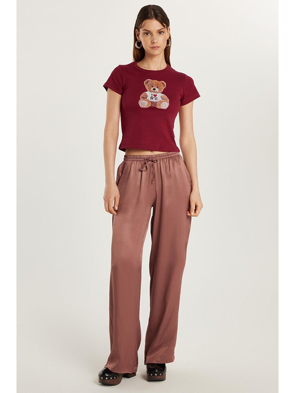 Kadın Regular Fit Beli Lastikli Bağlamalı Saten Geniş Paça Pembe Pantolon-2