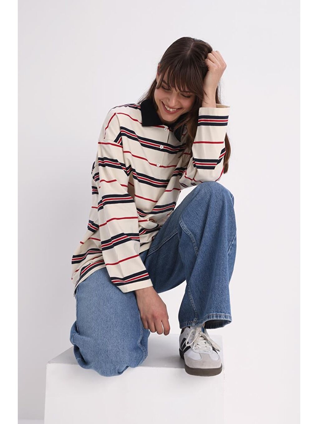 Lacivert-Bordo-Pamuklu Çizgili Elastanlı Sweat