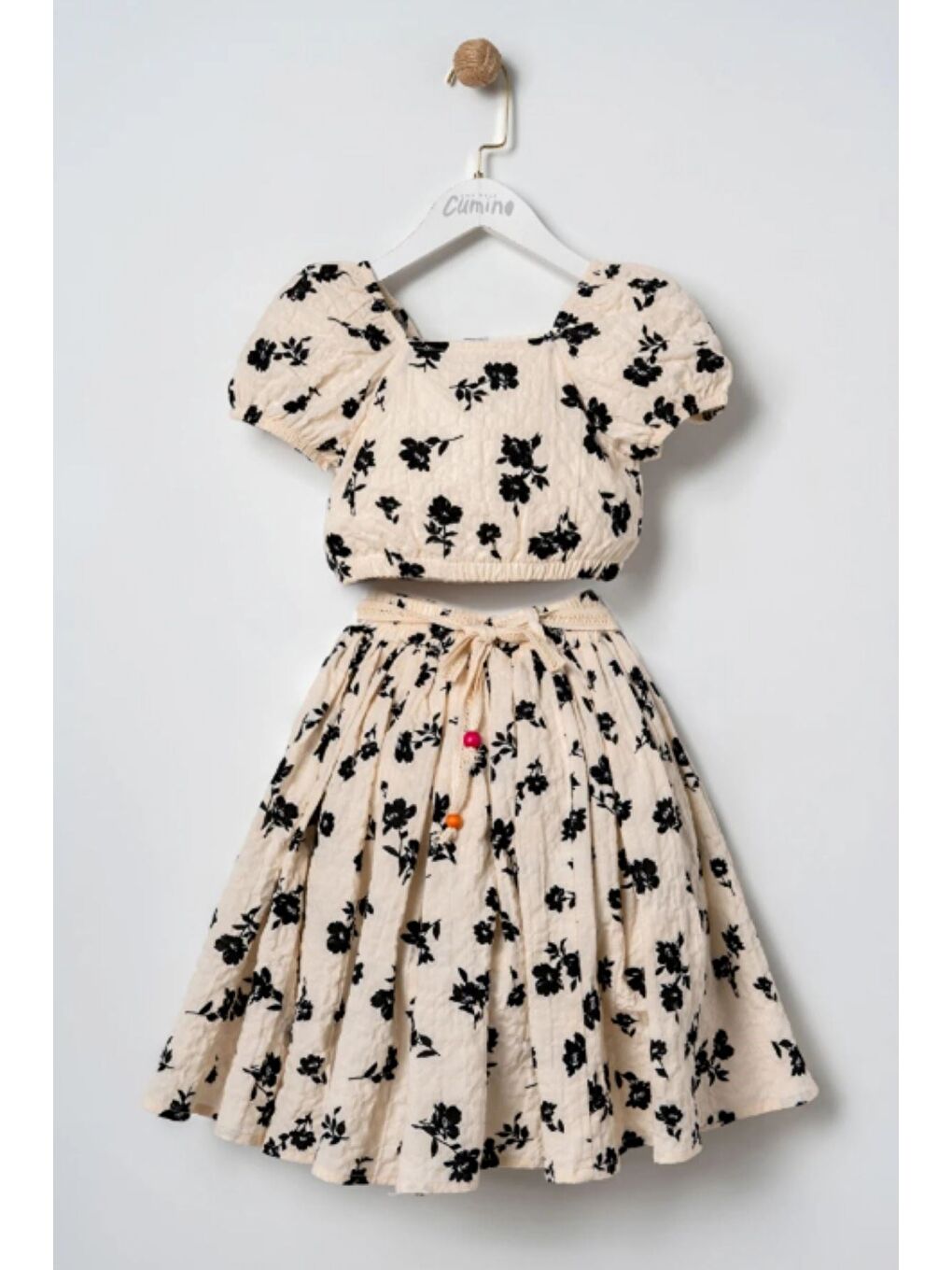 Ekru Kız Çocuk Çiçek Desenli Vintage Etek Ve Bluz Takım-2