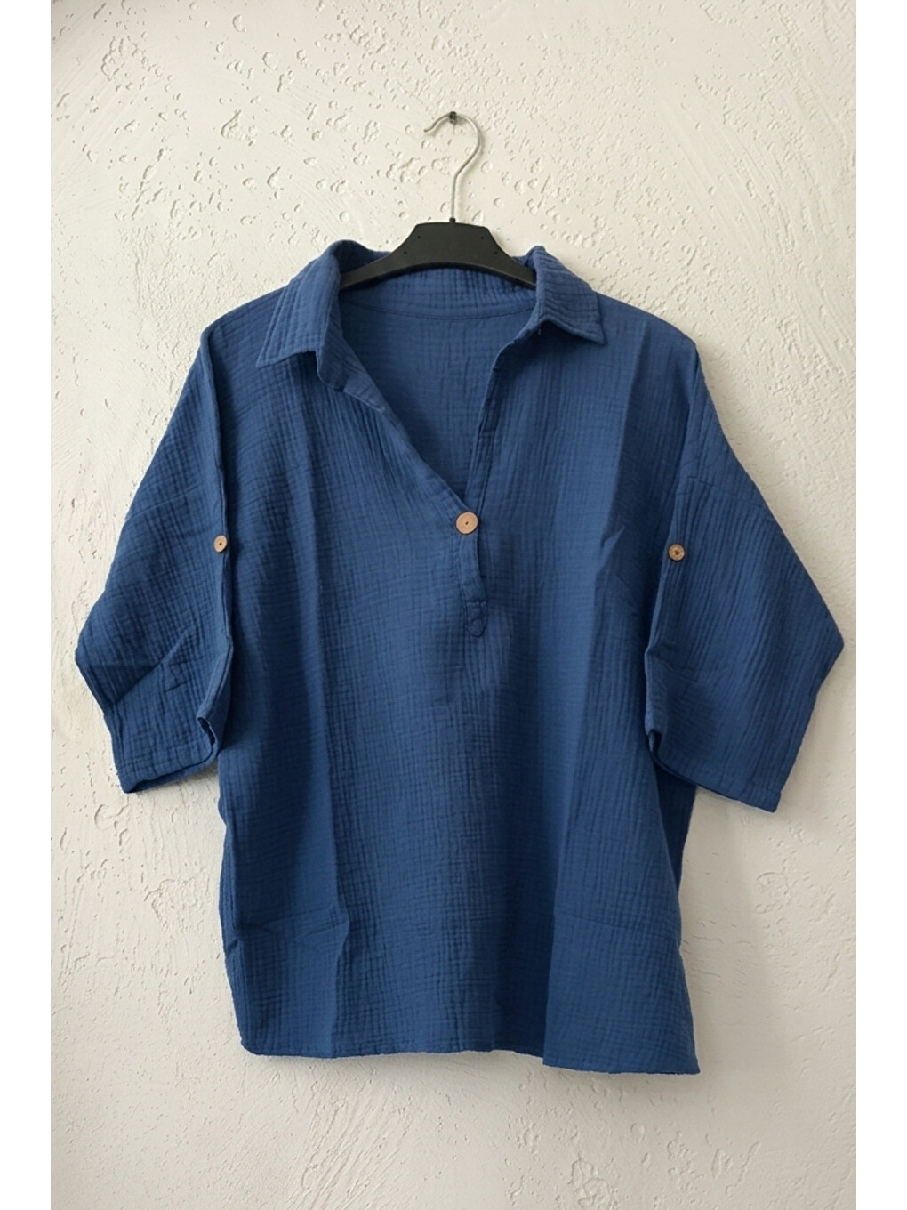 Koyu Mavi Gömlek Yaka Düğmeli 3/4 Kol Casual Müslin Oversize Dokuma 67 55-1