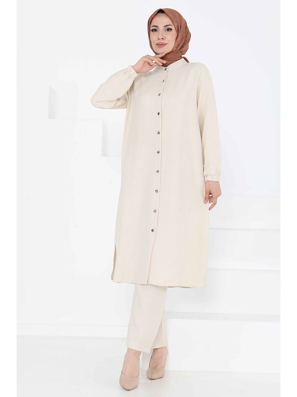 Hakim Yaka İkili Takım Bej - 27183-2