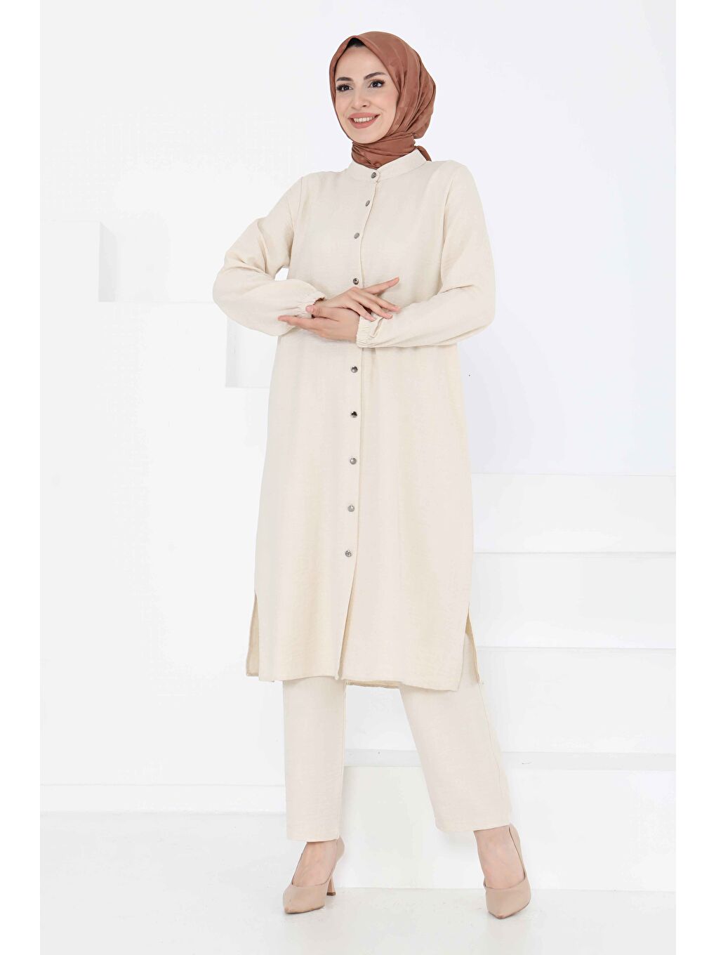 Hakim Yaka İkili Takım Bej - 27183-3