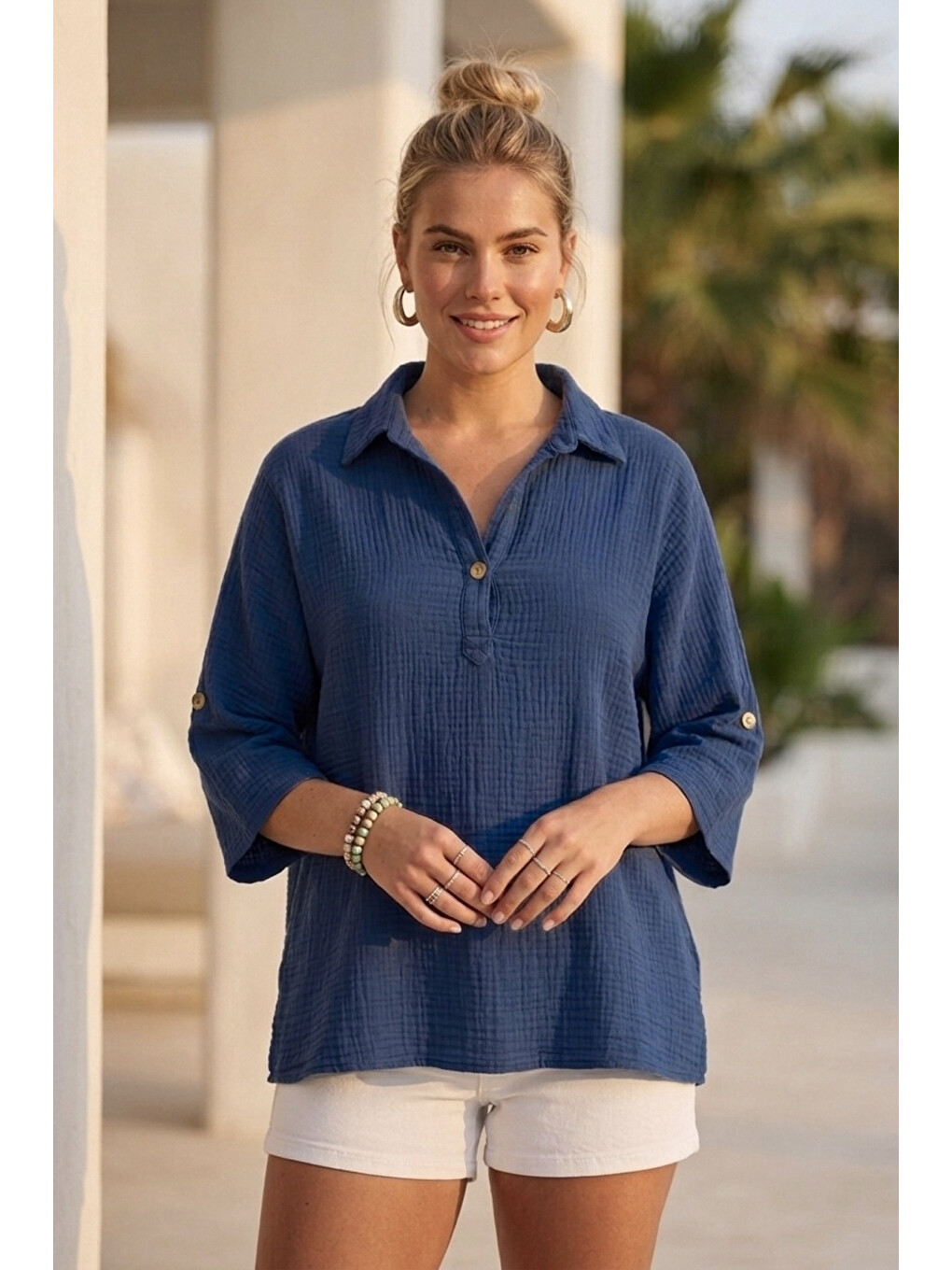 Koyu Mavi Gömlek Yaka Düğmeli 3/4 Kol Casual Müslin Oversize Dokuma 67 55-2