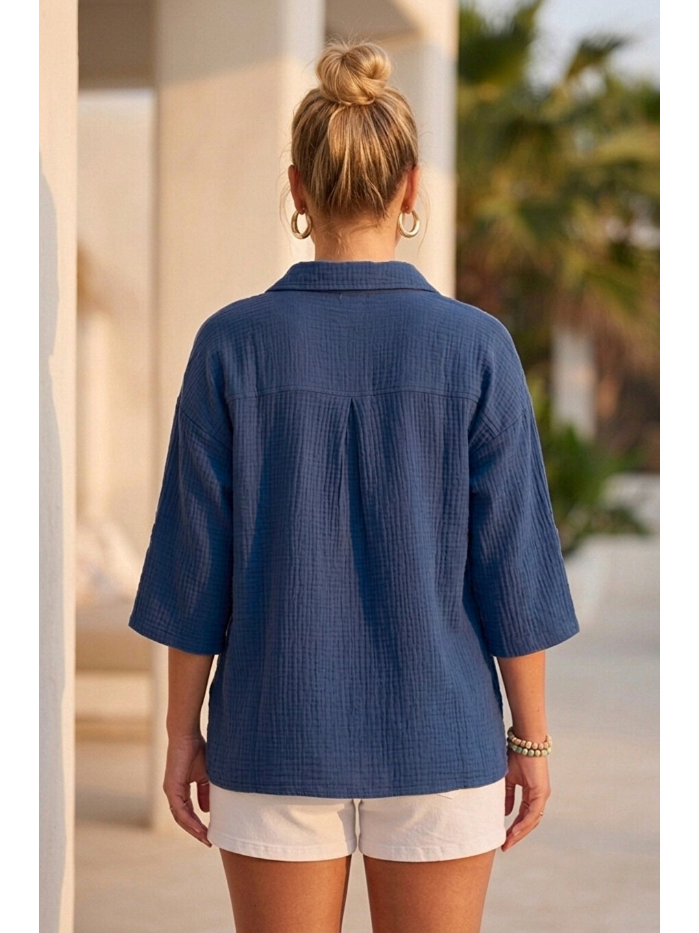Koyu Mavi Gömlek Yaka Düğmeli 3/4 Kol Casual Müslin Oversize Dokuma 67 55-3