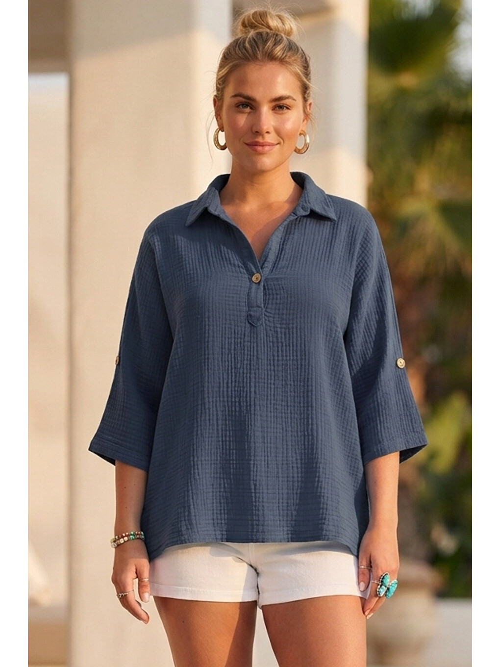 Koyu Mavi Gömlek Yaka Düğmeli 3/4 Kol Casual Müslin Oversize Dokuma 67 55-4