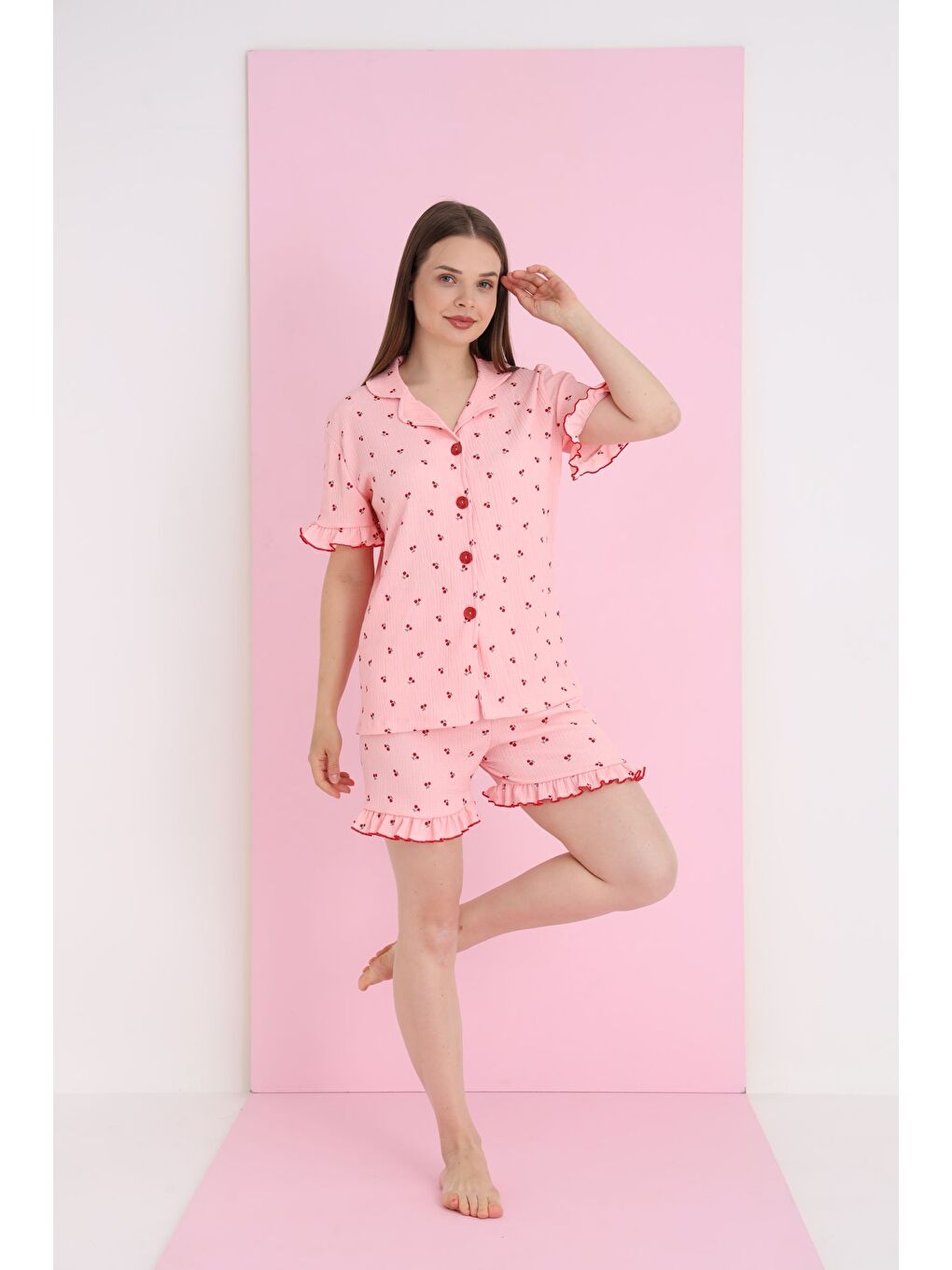 Pembe Bürümcük Düğmeli Şort Takım 7040-6-1