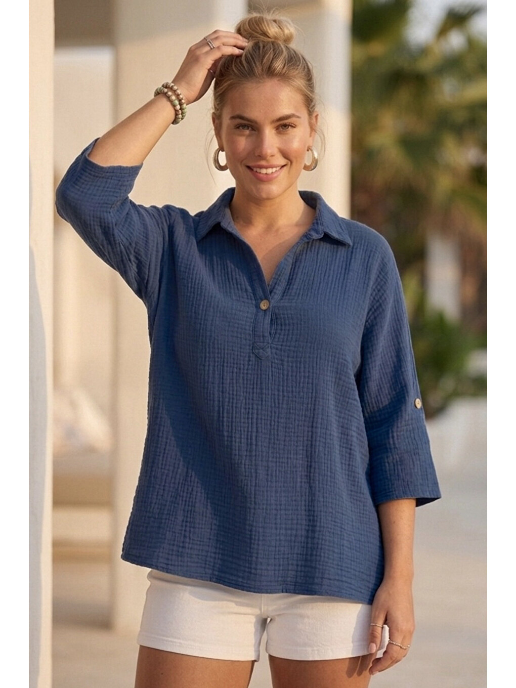 Koyu Mavi Gömlek Yaka Düğmeli 3/4 Kol Casual Müslin Oversize Dokuma 67 55-5