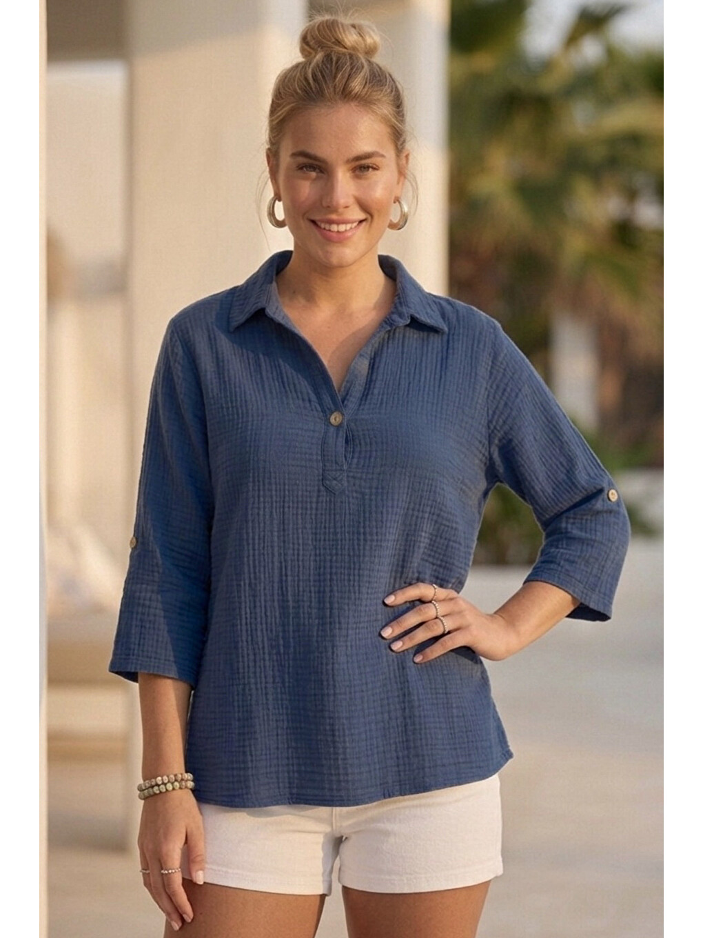 Koyu Mavi Gömlek Yaka Düğmeli 3/4 Kol Casual Müslin Oversize Dokuma 67 55-6