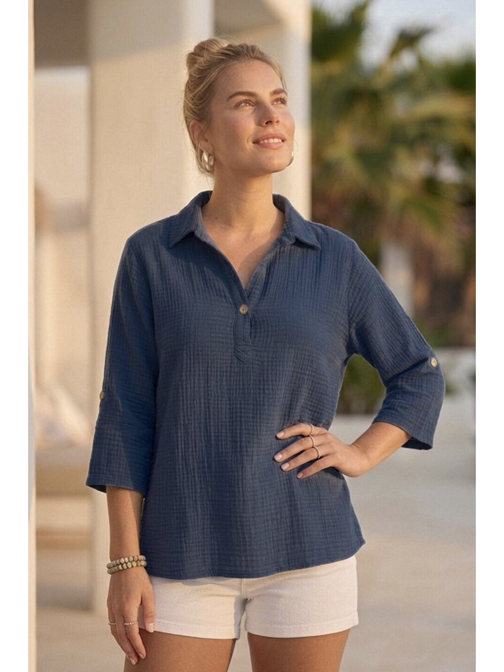 Koyu Mavi Gömlek Yaka Düğmeli 3/4 Kol Casual Müslin Oversize Dokuma 67 55-7