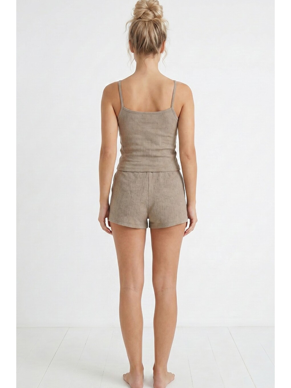 Yeşil Bürümcük-krınkıl İp Askılı Şortlu Pijama Takım 8060-2
