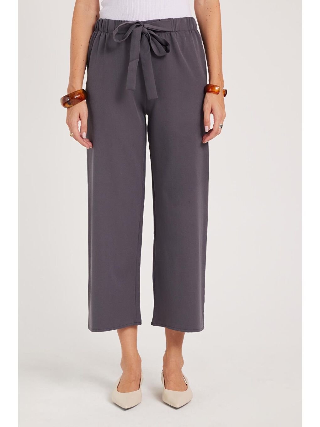 Kadın Relax Fit Rahat Kesim Lastikli Kuşak Bağlamalı Geniş Paça Antrasit Pantolon