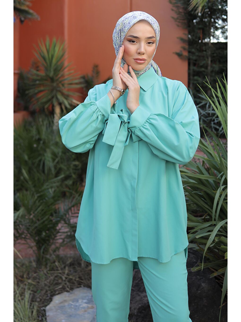 Yeşil Kol Detaylı İkili Takım Mint - 27085