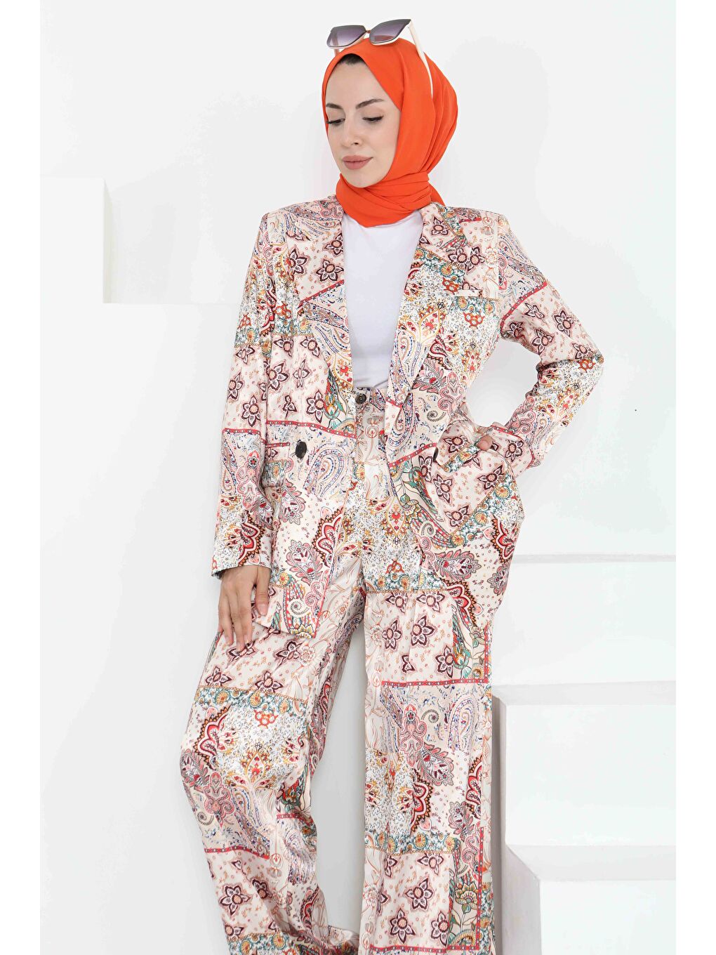 Etnik Desen Ceket Pantolon Takım Bej - 27251