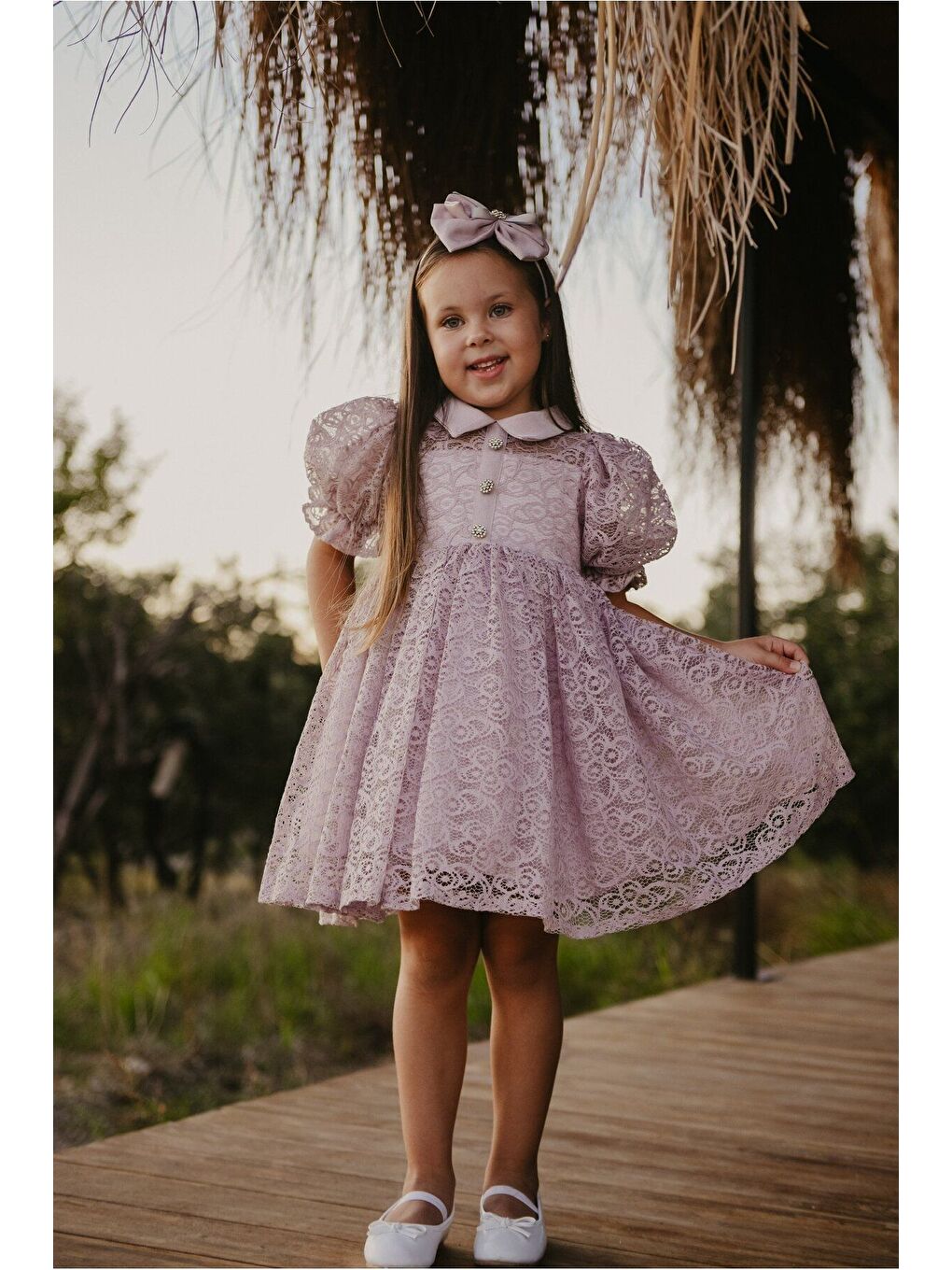 Lila Dantel Detaylı Kabarık Kollu Kız Çocuk Özel Kısa Elbise_M2449