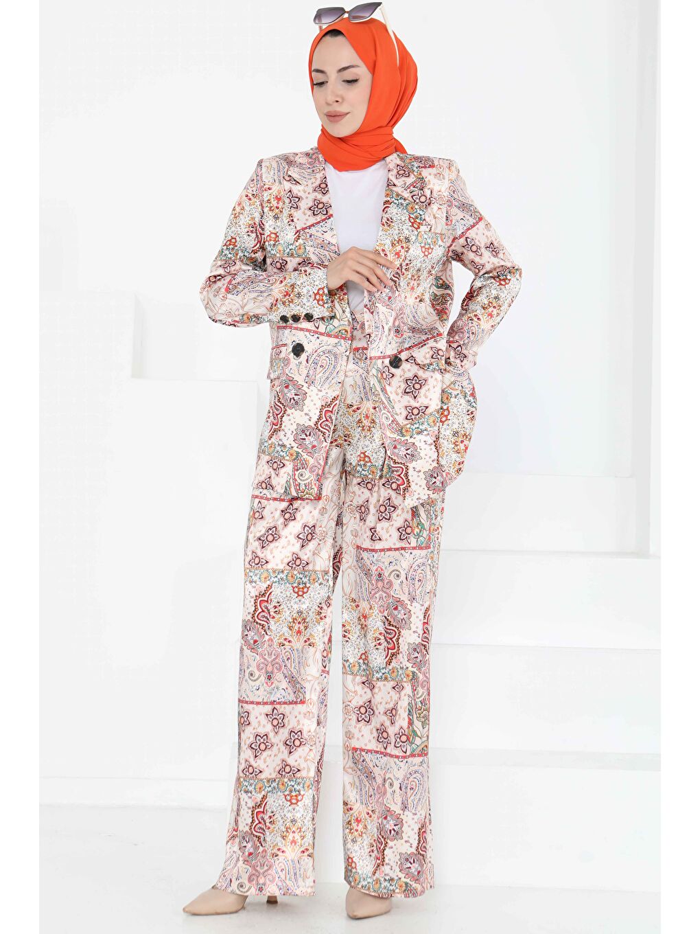 Etnik Desen Ceket Pantolon Takım Bej - 27251-1