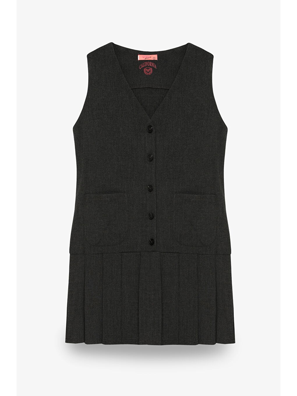 Önü Düğmeli V Yaka Piliseli Mini Elbise Antrasit-1