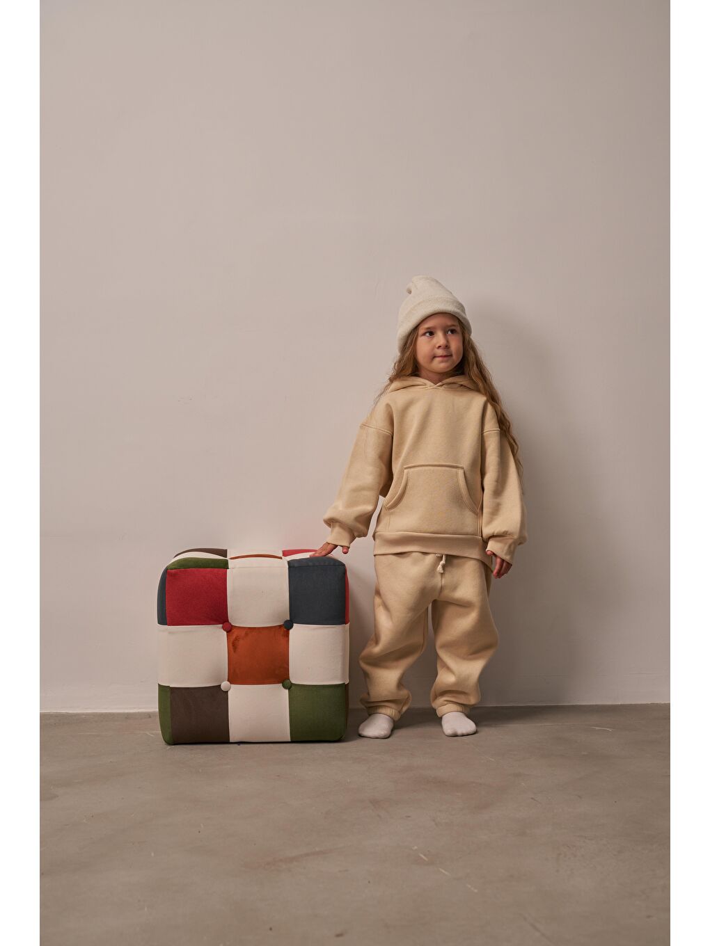 Bej Çocuk Kanguru Cepli Oversize Eşofman Takımı-4