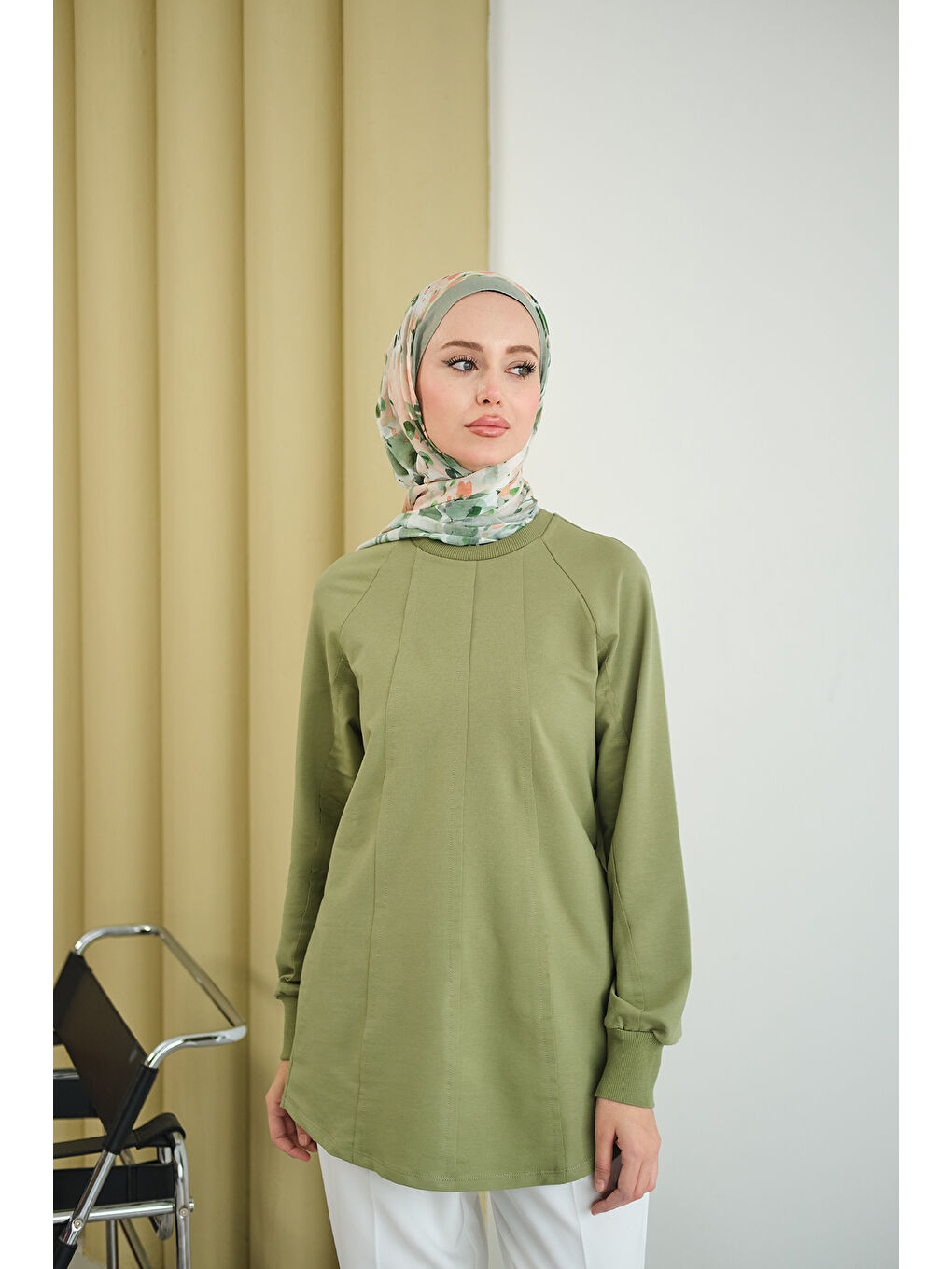 Kadın Dikiş Detaylı Bisiklet Yaka Sweat Yeşil-3