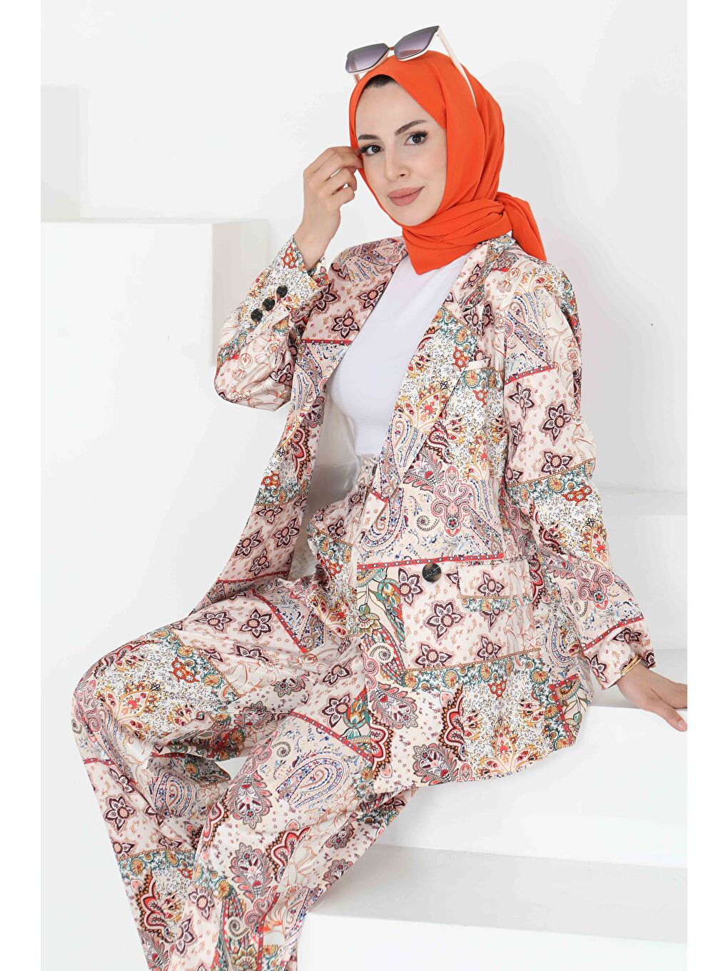 Etnik Desen Ceket Pantolon Takım Bej - 27251-2