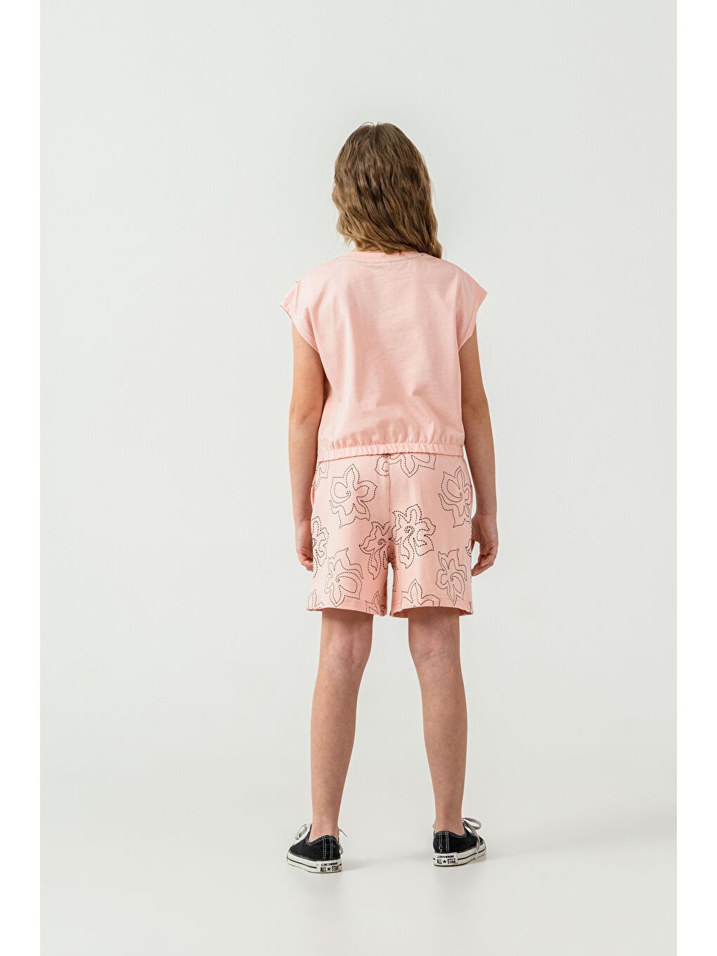 Pembe Üst Sol Omuz Baskılı Alt Tüm Alan Baskılı Kız Çocuk Şort - Tişört Takımı-6
