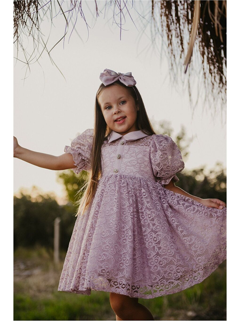 Lila Dantel Detaylı Kabarık Kollu Kız Çocuk Özel Kısa Elbise_M2449-1