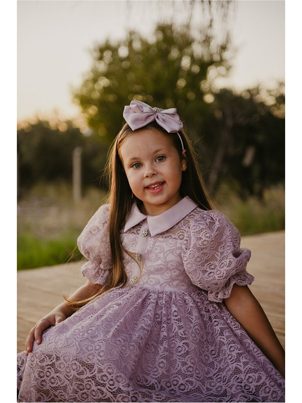 Lila Dantel Detaylı Kabarık Kollu Kız Çocuk Özel Kısa Elbise_M2449-2