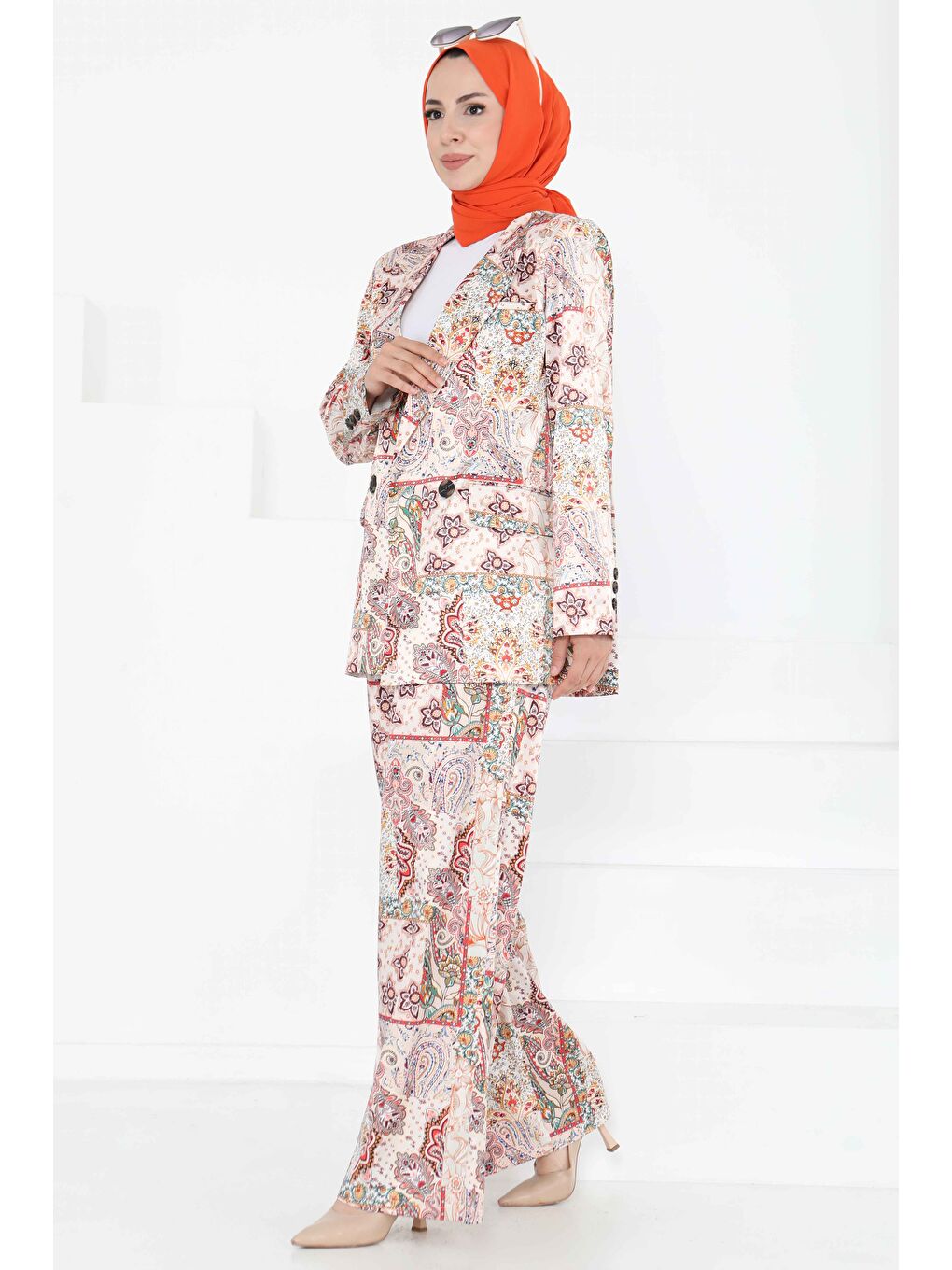 Etnik Desen Ceket Pantolon Takım Bej - 27251-3
